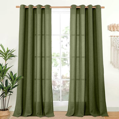 YoungsTex Olive Green Linen Curtains, Semi Sheer Drapes by YoungsTex