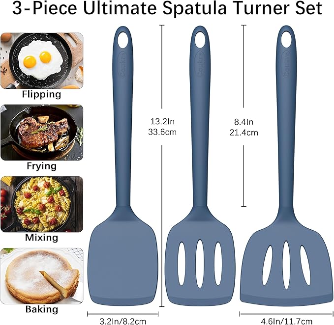 Coukre Silicone Spatula Set of 3, High Heat Resistant, BPA-Free, Kitchen Utensils, Fish Spatula, Solid & Slotted Turner for Non-Stick Pans, Flipping Eggs, Pancakes, Fish, Burgers (3, PureDarkBlue)