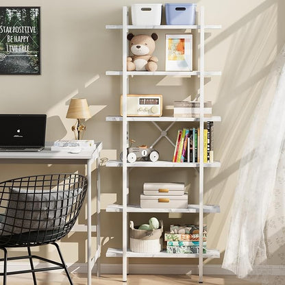 Bookshelf 6 Tiers White Wooden Storage Shelf, Modern Open Display Storage - Image 3
