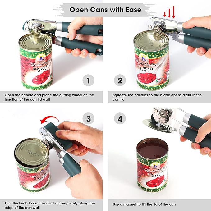 Beneno Can Opener Manual with Magnet, Hand Held Heavy Duty Can Opener with Durable Sharp Blade Smooth Edge, Big Effort-Saving Knob, Soft Grip Rubber Handle, Multifunctional Bottle Opener, Green