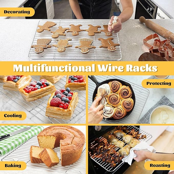 P&P CHEF Cooling Baking Rack Pack of 2, Stainless Steel Cooling Racks for Cooking Baking Roasting Grilling Drying, Dense Wires & Smooth Edge, Easy to clean, Silver, 15.3" x 11.25"