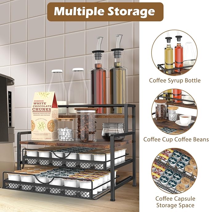 Coffee Bar Organizer, Coffee Pod Organizer,3 Tier Coffee Syrup Rack Organizer,72 K Cup Storage for Counter Storing K Cup,Coffee Syrups, Coffee Makers and Other Coffee Supplies-Rustic Brown