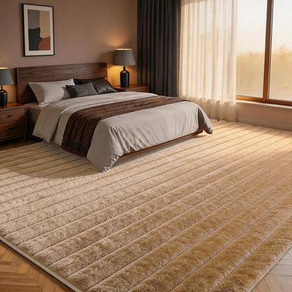 Coffee Rabbit Striped Plush Rug 8'x10', Fluffy Shaggy Area Rug - Image 2