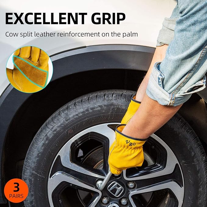 Vgo... 3-Pairs Unlined Cow Grain Leather Work and Driver Gloves with Cow Split Leather Palm Patch (Size M, Gold,CA9590)