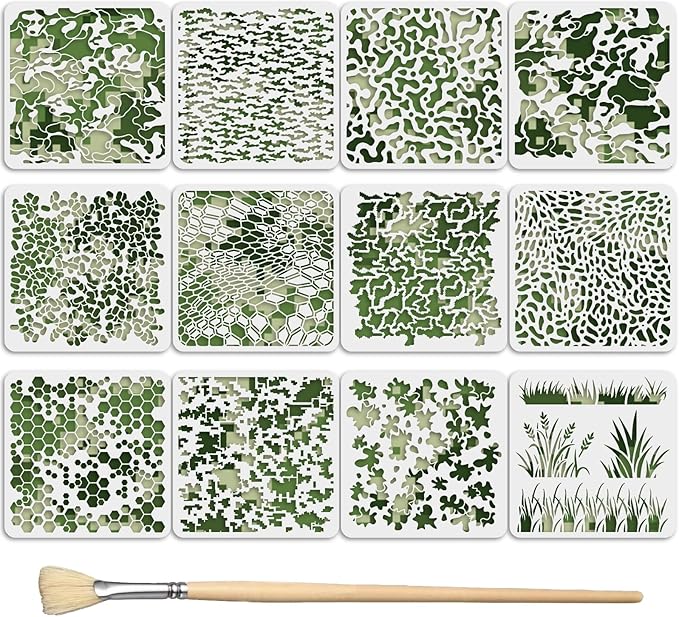 12PCS Camo Stencils for Spray Paint 12 x 12 Inch Camouflage Pattern Stencils with Brushes Grass Pattern Stencil Reusable Camo Stencil for Painting Wood Boat DIY Crafts Spray Painta