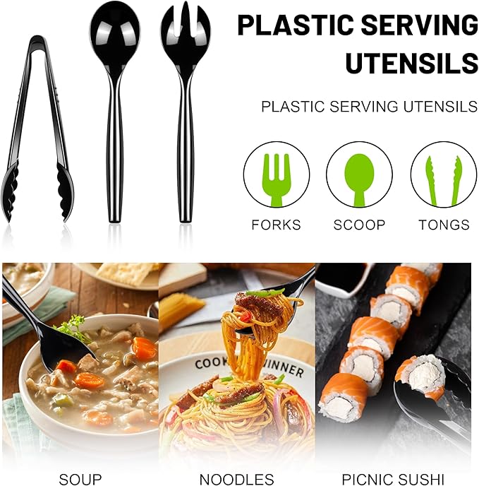 Dualshine 48 Pcs Disposable Black Plastic Serving Utensils,16 Set Including 10" Plastic Serving Spoons, Forks and 9" Tongs for Dinner Parties, Buffets,Banquets, Events, Weddings, and Daily Use