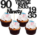 Gyufise 24Pcs Vintage 1935 Cupcake Toppers Glitter Cheers to 90 Fabulous Ninety Cupcake Picks 90th Birthday Wedding Anniversary Party Cake Decorations Supplies Black