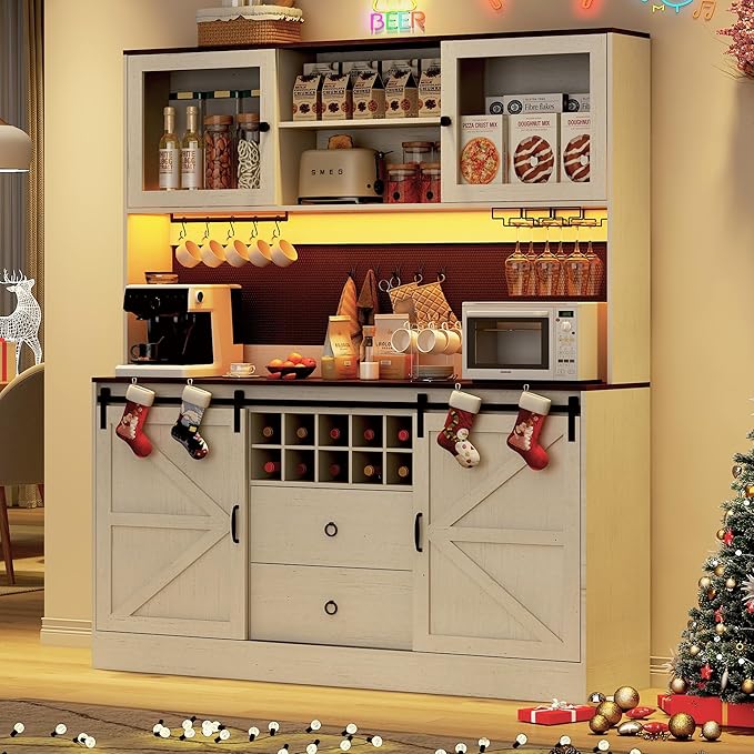 74" Tall 63" Wide Large Coffee Bar Cabinet w/Outlet,6000-color LED Light,Pegboard,Farmhouse Hutch Cabinet w/Barn Door,2 Big Drawers,Adjustable Shelves,10 Wine & Glasses Rack,5 Hook for Kitchen