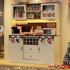 74" Tall 63" Wide Large Coffee Bar Cabinet w/Outlet,6000-color LED Light,Pegboard,Farmhouse Hutch Cabinet w/Barn Door,2 Big Drawers,Adjustable Shelves,10 Wine & Glasses Rack,5 Hook for Kitchen