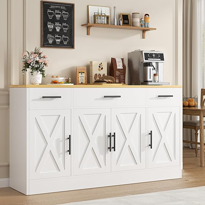 Vongrasig 53' Large Sideboard Cabinet with 4 Doors and 3 Drawers, Farmhouse Buffet Table Coffee Bar Kitchen Storage Cabinet, Wood Buffet Table for Kitchen, Dining Room, White