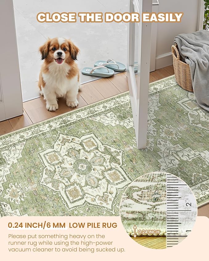 Runner Rug 2x8 Runners for Hallways Washable Rugs, Light Green | Vintage - Image 6