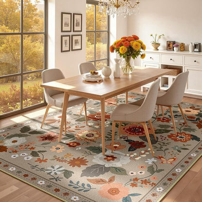 RELEANY Floral Washable 9x12 Area Rugs Brown/Brick | Flower Carpet Print Boho - Image 8