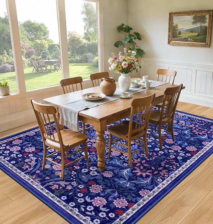 PLHXFR Area Rug 9x12 Living Room: Floral Washable Boho Soft Carpet Blue | - Image 4