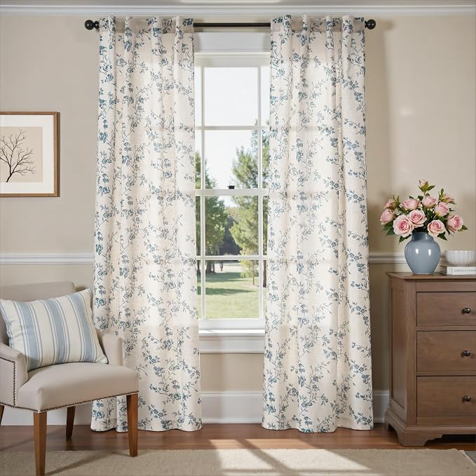 Blue Vintage Floral Linen Curtains Farmhouse 38W X 84L 2 Panels | Elisa Series - Image 2