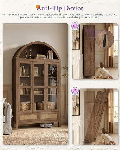 TYBOATLE 75'' Arched Cabinet Classic Farmhouse Design w/Three Glass Doors - Image 4