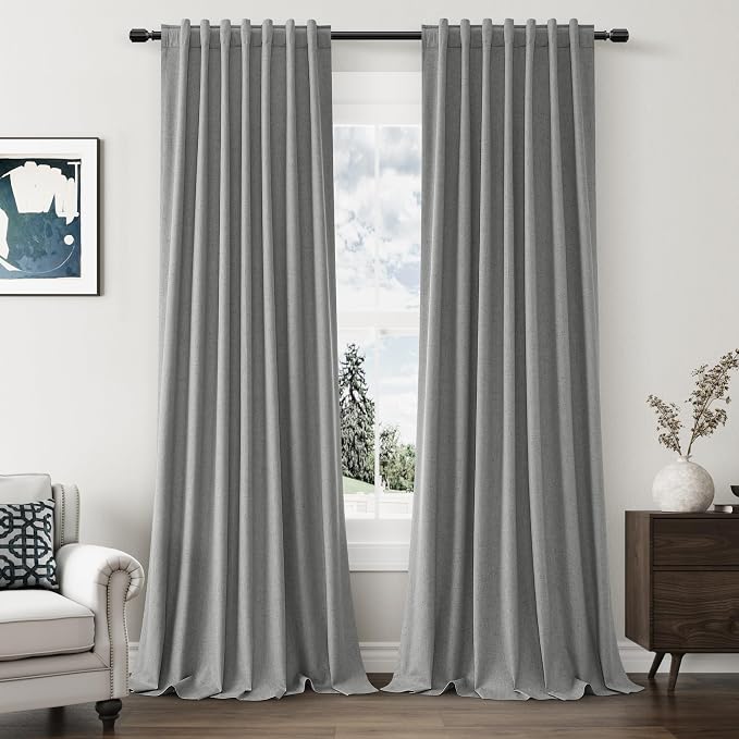 Dark Grey 100% Blackout Linen Curtains 90 Inch Length 2 Panels Set by Guken