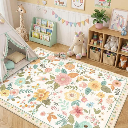 RELEANY Floral Washable 5x7 Area Rugs Beige/White/Orange | Flower Carpet Print - Image 2