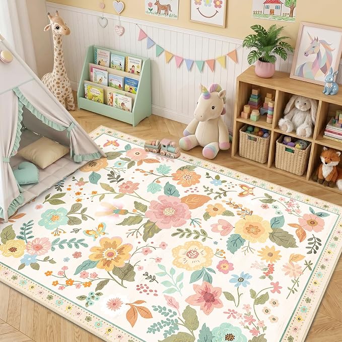 RELEANY Floral Washable 8x10 Area Rugs Beige/White/Orange | Flower Carpet Print - Image 6