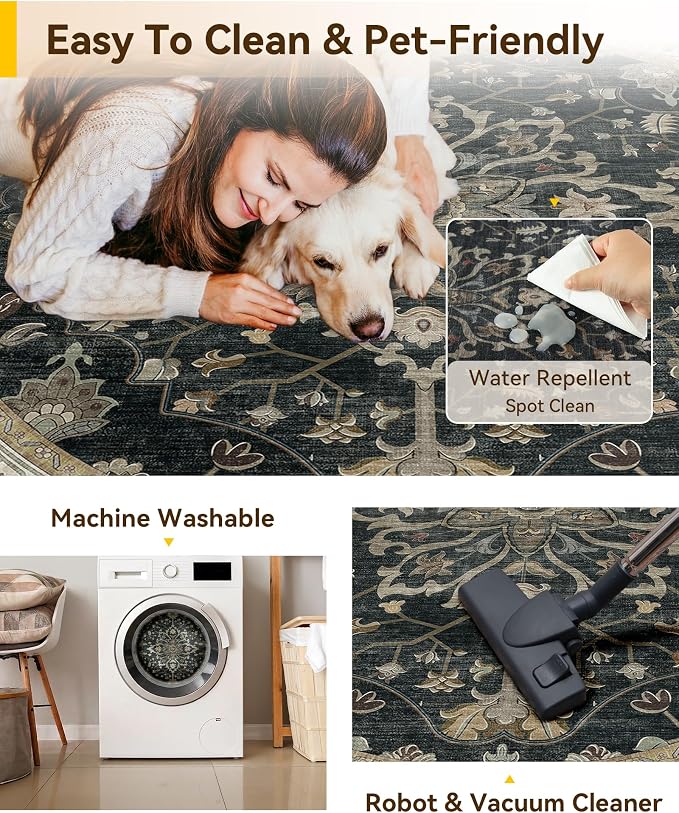 RELEANY Washable Area Rug, Round 6ft, Water Repellent, Pet Friendly, Vintage - Image 5