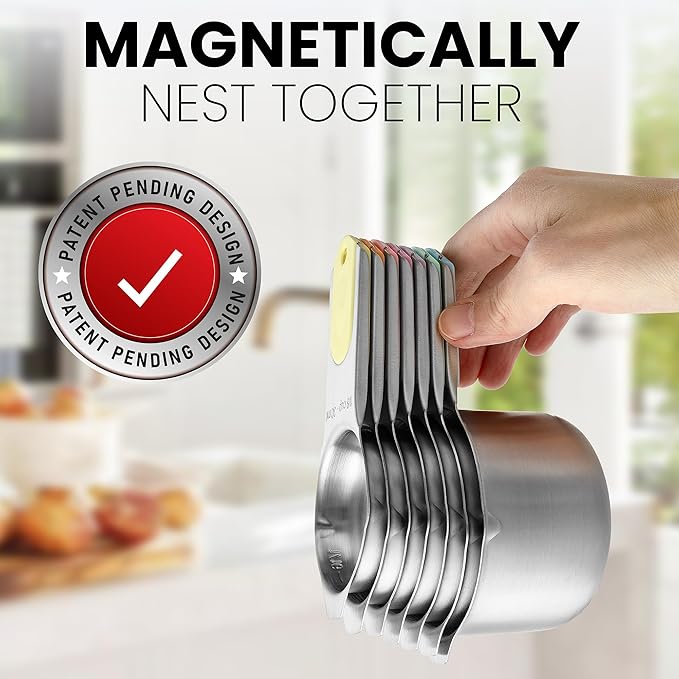Spring Chef Magnetic Stainless Steel Measuring Cups (Patent Pending), Kitchen Tools with Easy to Read Markings for Measuring Dry or Liquid Ingredients, Set of 7, Pastel