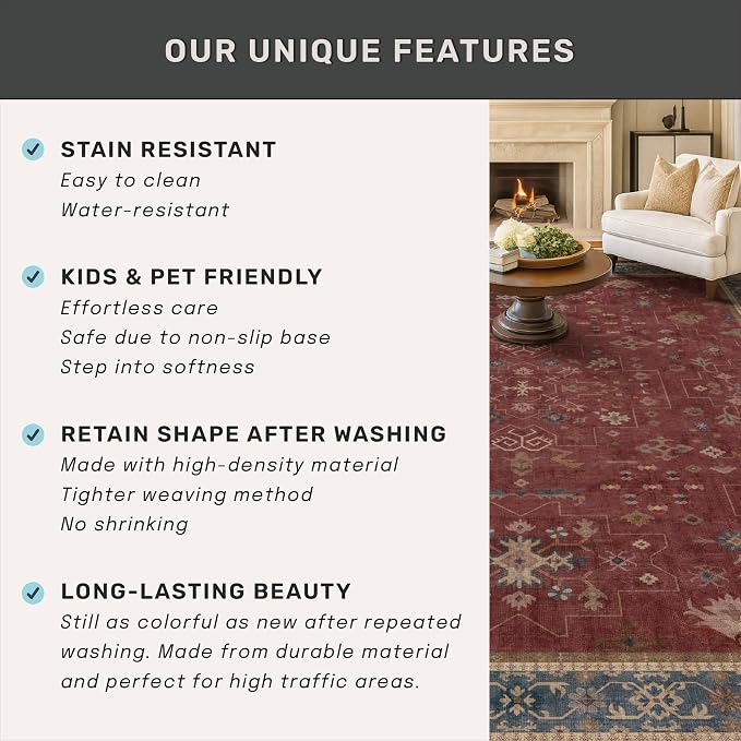 Burgundy Washable 3x20 Extra Long Hallway Runner Rug, Neutral Boho Large - Image 6