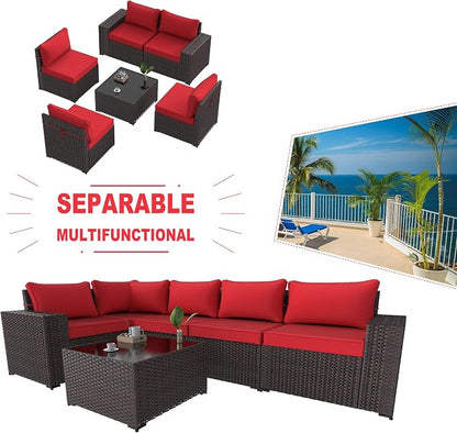 Kullavik Outdoor Patio Furniture Set 6 Pieces Sectional Rattan Sofa Set Brown - Image 6