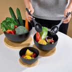Large Salad Bowls with Bamboo Lids Set of 3, Mixing Nesting Bowls Round Serving Bowls with Servers for Salads, Kitchen Eating, Pastas, Popcorn, Chips, Trifle, Fruit, Food Prepare (Black,10",8",6" )