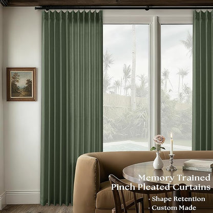 Olive Green Extra Wide Pinch Pleated Curtains 84 Inches Long Linen | Semi Sheer - Image 2