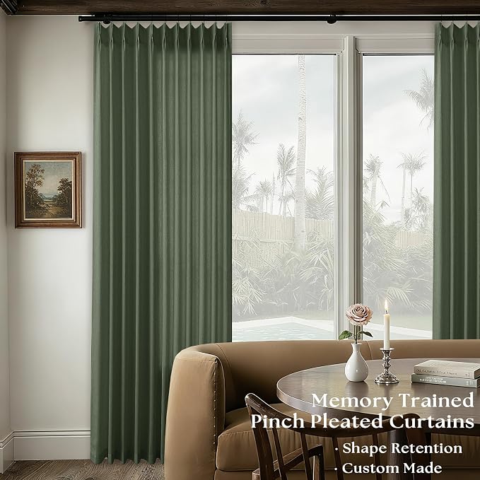 Extra Wide 72 x 96 Inch Length Linen Curtains Olive Green Semi Sheer | Light - Image 2