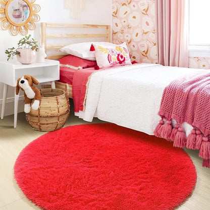Red Round Area Rug 4ft, Soft Bedroom Circle Rugs Floor Mat - Image 8