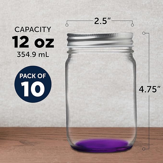 DISCOUNT PROMOS 10 Decorating Mason Jars Set, 12 oz. - Canning, Aluminum Lid - Purple
