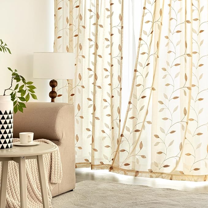 MIULEE Beige Sheer Curtains 2 Panels Embroidered Leaf Patterned, W52 x L54 | - Image 3