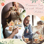 Zhehao 20 Pcs Porcelain Tea Set with Metal Holder and Spoon Adult Ceramic Tea Party Set European Flower Painting Teapot Cup Saucer Spoon Set for Women, Large Version(Stylish Style)