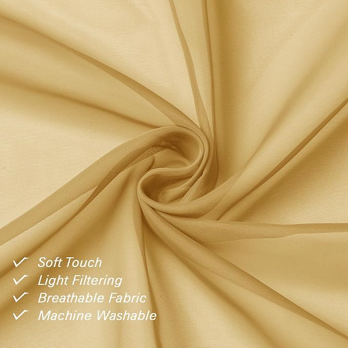 Gold Sheer Curtains 90 Inches Long 2 Panels, Breathable Solid Voile Light - Image 2