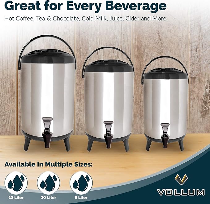 Stainless Steel Insulated Beverage Dispenser – Insulated Thermal Hot and Cold Coffee Carafe – 10 Liter Drink Dispenser with Spigot for Hot Water, Tea & Coffee, Cold Milk, Juice & More BLACK