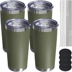 Travel Coffee Tumbler 20oz, 4 Pack Leakproof Travel Coffee Mug with Lid and Straw, Stainless Steel Double Wall Vacuum Insulated Tumbler for Hot/Iced Drinks (Textured Matte, Army Green)