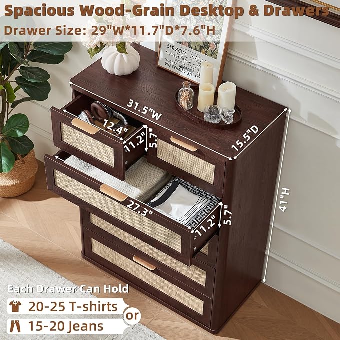 LEYAOYAO Dresser for Bedroom, Modern 6 Drawers Boho Rattan Dressers - Image 2