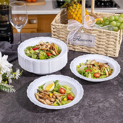 DaYammi 30 Pack Plastic Bowls with Silver Rim, 12oz Disposable Soup Bowls, Heavy Duty Dinner Bowls for Weddings, Parties, Dinners, Catering and Everyday Use