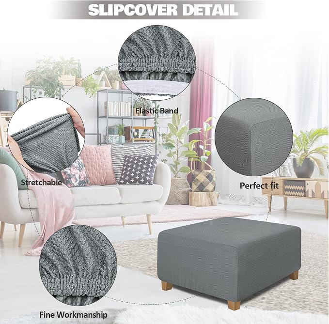 NeColorLife Square Ottoman Cover Jacquard Fabric Slipcover Thick Stretchable - Image 2