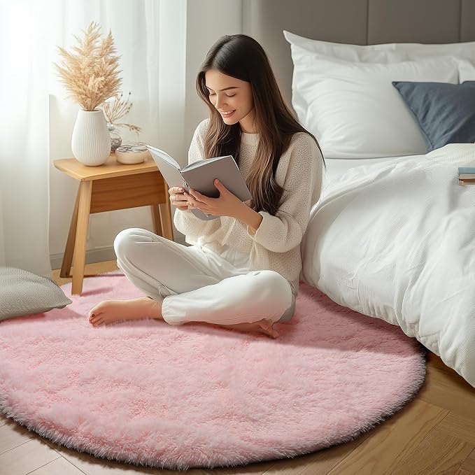 Light Pink Round Area Rugs 5ft for Bedroom Living Room, Fluffy Circle Rug for - Image 5