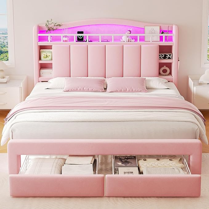 Queen LED Bed Frame with Storage Headboard & 2 Storage Drawers, Princess Velvet - Image 3