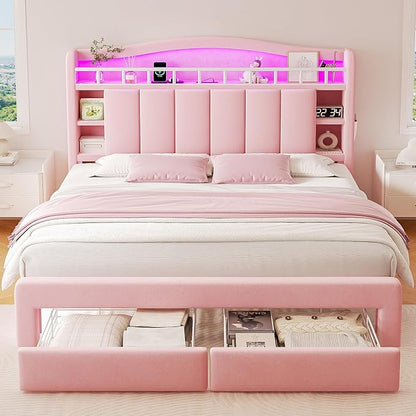 Queen LED Bed Frame with Storage Headboard & 2 Storage Drawers, Princess Velvet - Image 3