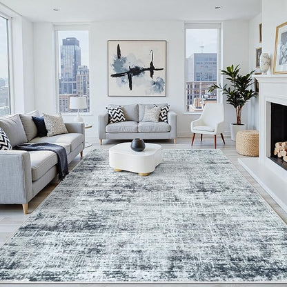 9x12 Washable Area Rug for Living Room Bedroom: Non-Slip Modern Black Grey | by Oriannal