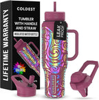 Coldest 40 oz Tumbler with Handle and Straw - 100% Leak Proof Insulated Tumbler with Lid and Straw (3 Lids) - Stainless Steel Tumblers for Women & Men - Cup Holder Friendly Base, 46 oz (Rose Spiral)