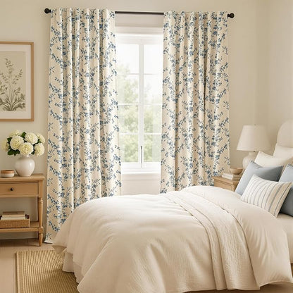 Blackout Vintage Floral Linen Curtains Blue on Beige 50×96 2 Panels | Elisa - Image 5