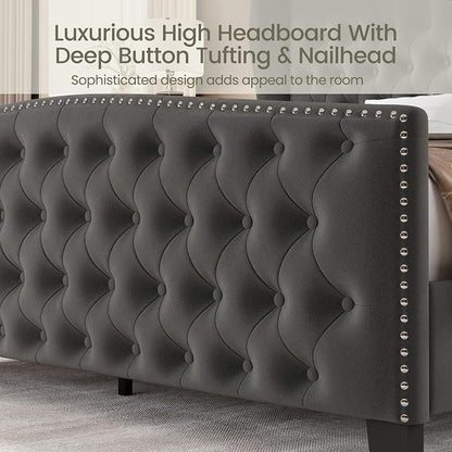 LARMACE King Size Bed Frame Velvet Upholstered Platform Bed - Image 4