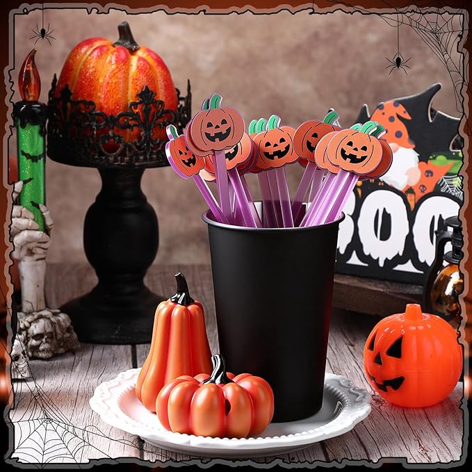 Remerry 18 Pcs Halloween Swizzle Sticks 6.7 Inches Halloween Reusable Stir Sticks Acrylic Drink Stirrers Pumpkin Cocktail Coffee Stirrers Bulk for Coffee Bar Cocktail Milk Party Decor(Pumpkin)