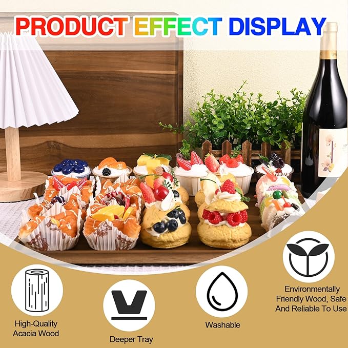 2 Pcs Acacia Wood Serving Tray, Rectangular Wooden Serving Platters Charcuterie Board, Large Wood Kitchen Display Tray for Food, Cookie, Dessert, Fruit, Snack, Vegetable, 16.6" x 12.6" x 0.6"