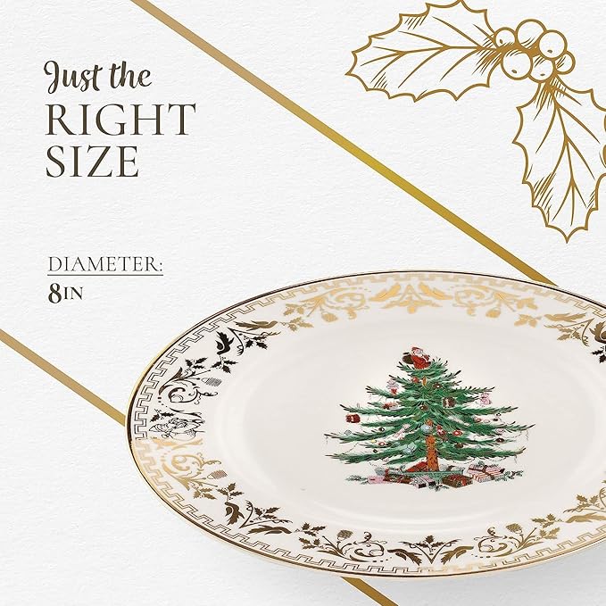 Spode Christmas Tree Gold Salad Plate, 8-Inch Porcelain Dinner & Appetizer Plate, Christmas Dinnerware, Microwave & Dishwasher Safe, Festive Collectible Seasonal Dining Plate