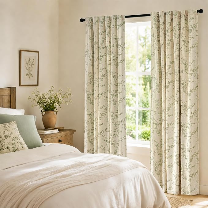 Blackout Vintage Floral Linen Curtains Green on Beige 50×96 2 Panels | Elisa - Image 5